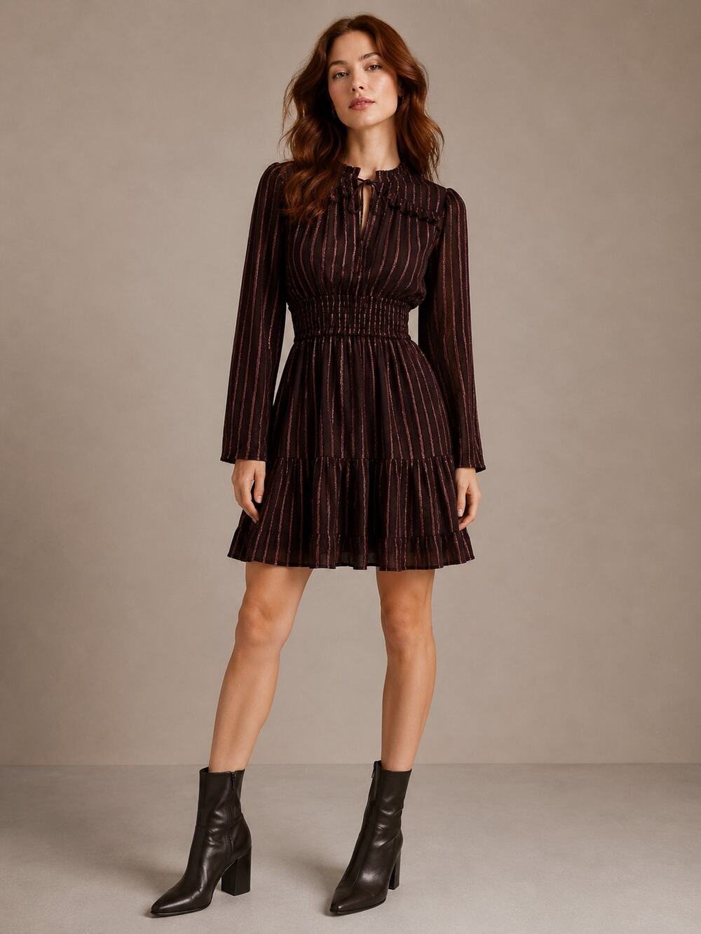 ULLA JOHNSON Rosalind Dress 8 Smocked Brown Metallic Lurex‎ Cotton Mini Tiers